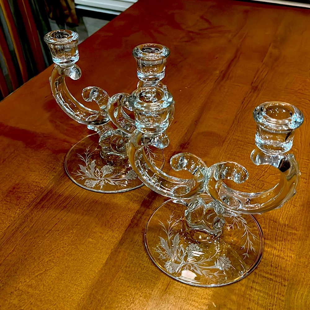Antique Century Fostoria Glass Double Light Candle Holder Duo Arm 1950s Set of 2